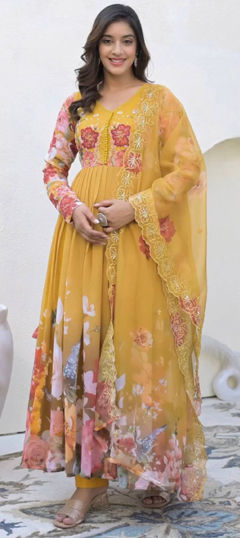Yellow color Salwar Kameez in Faux Georgette fabric with Digital Print, Embroidered, Floral, Sequence work