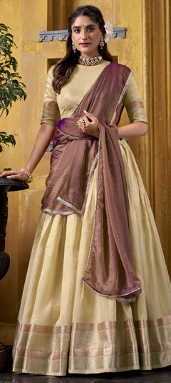 Yellow color Ready to Wear Lehenga in Dupion Silk fabric with Weaving, Zari work