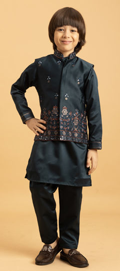 Green color Boys Kurta Pyjama with Jacket in Satin Silk fabric with Embroidered, Mirror, Sequence work