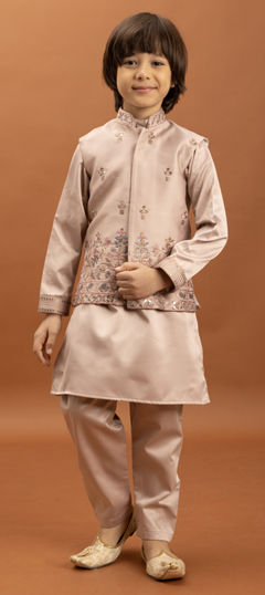 Pink and Majenta color Boys Kurta Pyjama with Jacket in Satin Silk fabric with Embroidered, Mirror, Sequence work