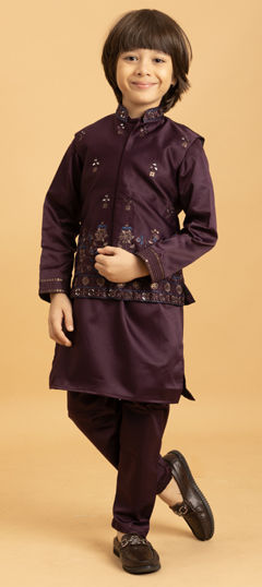 Purple and Violet color Boys Kurta Pyjama with Jacket in Satin Silk fabric with Embroidered, Mirror, Sequence work
