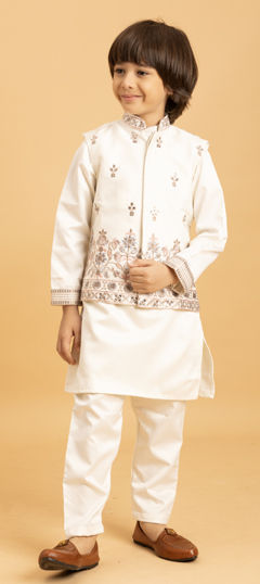 White and Off White color Boys Kurta Pyjama with Jacket in Satin Silk fabric with Embroidered, Mirror, Sequence work