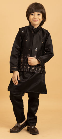 Black and Grey color Boys Kurta Pyjama with Jacket in Satin Silk fabric with Embroidered, Mirror, Sequence work