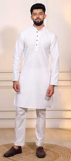 White and Off White color Kurta Pyjamas in Cotton fabric with Embroidered, Thread work