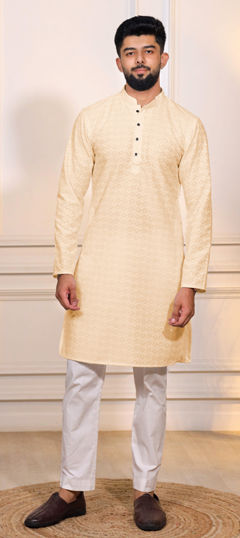White and Off White color Kurta Pyjamas in Cotton fabric with Embroidered, Thread work