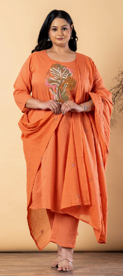 Orange color Salwar Kameez in Cotton fabric with Bugle Beads, Embroidered, Resham, Thread work