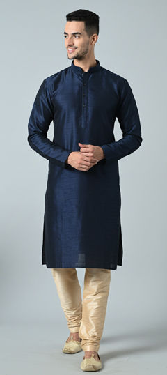 Blue color Kurta Pyjamas in Dupion Silk fabric with Embroidered work