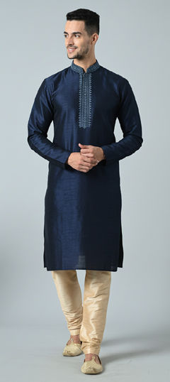 Blue color Kurta Pyjamas in Dupion Silk fabric with Embroidered work