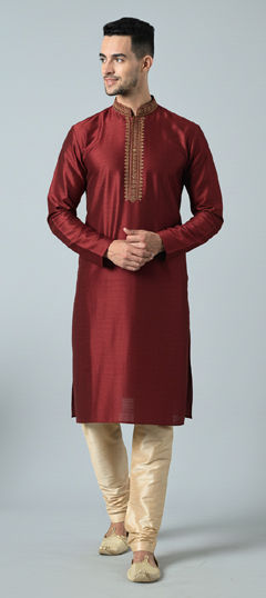 Red and Maroon color Kurta Pyjamas in Dupion Silk fabric with Embroidered work