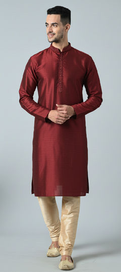 Red and Maroon color Kurta Pyjamas in Dupion Silk fabric with Embroidered work