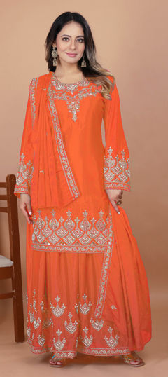 Orange color Salwar Kameez in Chinon Silk fabric with Embroidered, Moti, Sequence work