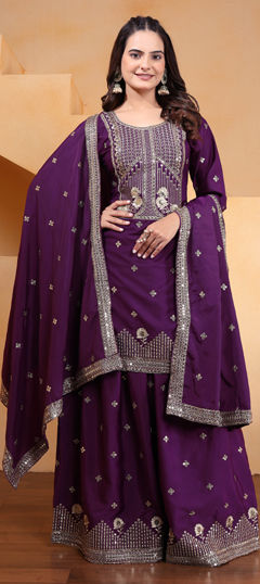 Purple and Violet color Salwar Kameez in Crepe Silk fabric with Embroidered, Sequence work