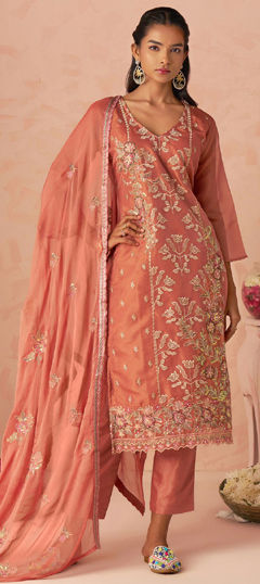 Beige and Brown color Salwar Kameez in Silk fabric with Embroidered, Stone, Thread work