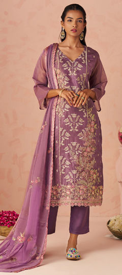 Purple and Violet color Salwar Kameez in Silk fabric with Embroidered, Stone, Thread work