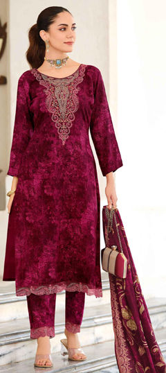Pink and Majenta color Salwar Kameez in Pashmina fabric with Embroidered work