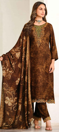 Beige and Brown color Salwar Kameez in Pashmina fabric with Embroidered work