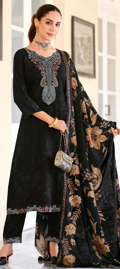 Black and Grey color Salwar Kameez in Pashmina fabric with Embroidered work