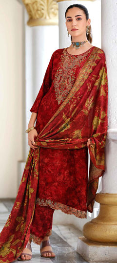 Red and Maroon color Salwar Kameez in Pashmina fabric with Embroidered work