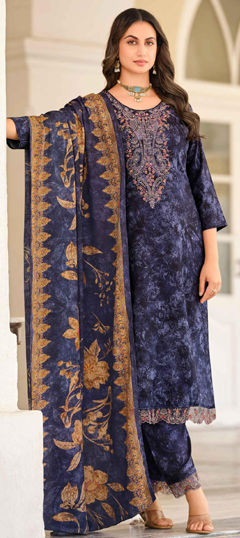 Blue color Salwar Kameez in Pashmina fabric with Embroidered work