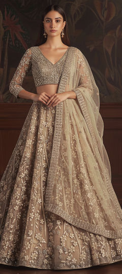 Gold color Lehenga in Net fabric with Embroidered, Sequence, Zircon work