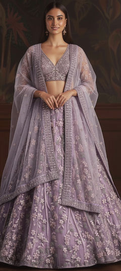 Purple and Violet color Lehenga in Net fabric with Embroidered, Sequence, Zircon work