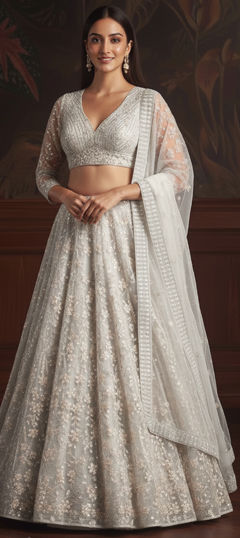 White and Off White color Lehenga in Net fabric with Embroidered, Sequence, Zircon work
