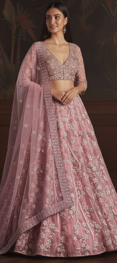 Pink and Majenta color Lehenga in Net fabric with Embroidered, Sequence, Zircon work