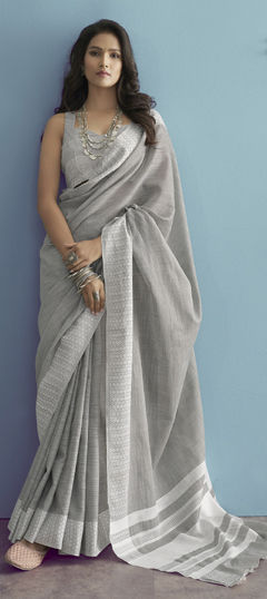 Black and Grey color Saree in Linen fabric with Printed work