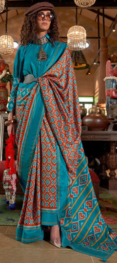 Beige and Brown, Blue color Saree in Viscose fabric with Printed work