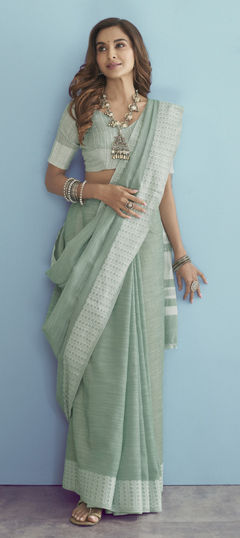 Green color Saree in Linen fabric with Printed work