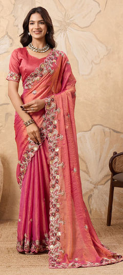 Pink and Majenta color Saree in Chiffon fabric with Embroidered, Sequence, Thread work