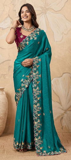 Blue color Saree in Chiffon fabric with Embroidered, Sequence, Thread work