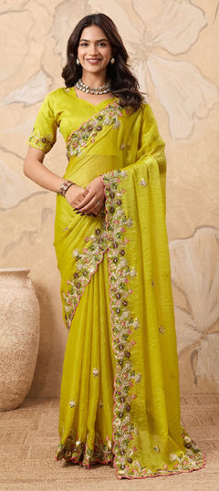 Yellow color Saree in Chiffon fabric with Embroidered, Sequence, Thread work