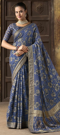 Blue color Saree in Silk fabric with Floral, Printed work