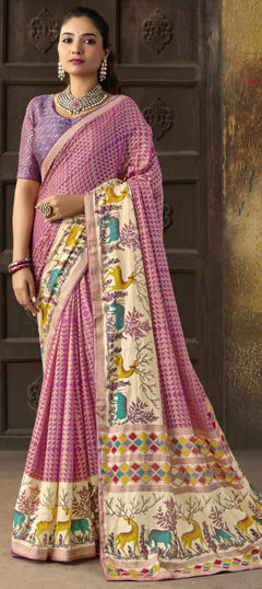 Pink and Majenta color Saree in Silk fabric with Floral, Printed work