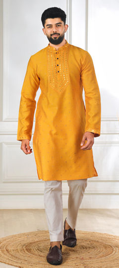 Yellow color Kurta Pyjamas in Jacquard fabric with Embroidered, Thread work