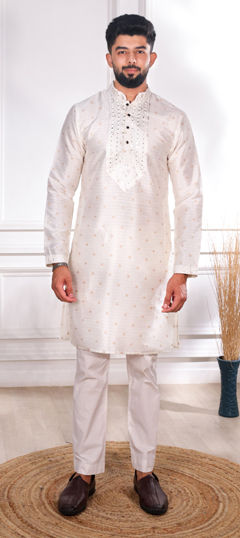 White and Off White color Kurta Pyjamas in Jacquard fabric with Embroidered, Thread work