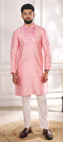Pink and Majenta color Kurta Pyjamas in Jacquard fabric with Embroidered, Thread work