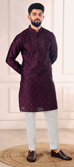 Purple and Violet color Kurta Pyjamas in Jacquard fabric with Embroidered, Thread work