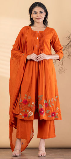 Beige and Brown color Salwar Kameez in Cotton fabric with Embroidered, Pleats, Resham, Thread work