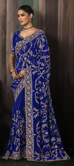 Blue color Saree in Silk fabric with Embroidered, Sequence, Thread work