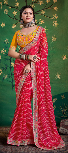 Pink and Majenta color Saree in Georgette fabric with Embroidered, Printed work