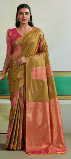 Gold color Saree in Silk fabric with Weaving work