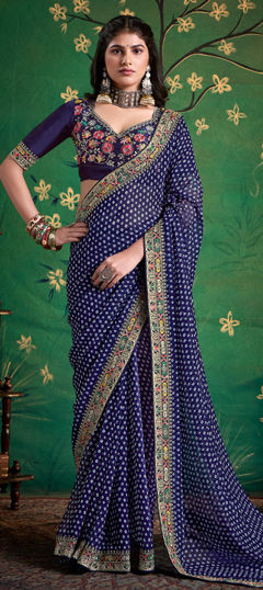 Blue color Saree in Georgette fabric with Embroidered, Printed work