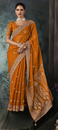 Yellow color Saree in Silk fabric with Embroidered, Sequence, Thread work