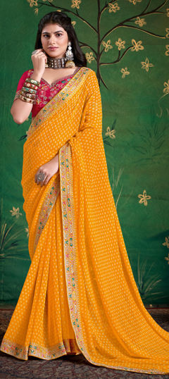 Yellow color Saree in Georgette fabric with Embroidered, Printed work
