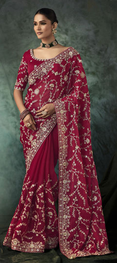 Red and Maroon color Saree in Silk fabric with Embroidered, Sequence, Thread work
