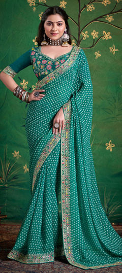 Green color Saree in Georgette fabric with Embroidered, Printed work