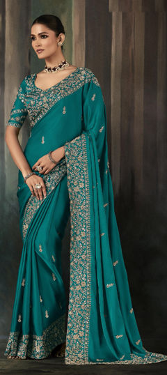 Blue color Saree in Silk fabric with Embroidered, Sequence, Thread work