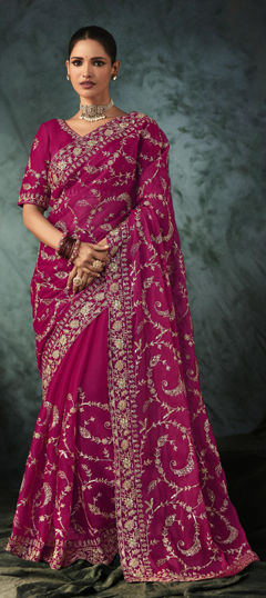 Pink and Majenta color Saree in Silk fabric with Embroidered, Sequence, Thread work